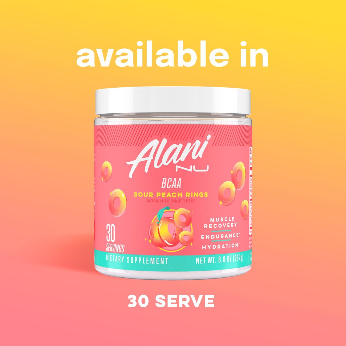 Alani Nu BCAA Sour Peach Ring – Verzweigtkettige essentielle Aminosäuren in 2:1:1 Formel | Pulver zur Muskelregeneration nach dem Training | 30 Portionen
