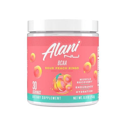 Alani Nu BCAA Sour Peach Ring – Verzweigtkettige essentielle Aminosäuren in 2:1:1 Formel | Pulver zur Muskelregeneration nach dem Training | 30 Portionen