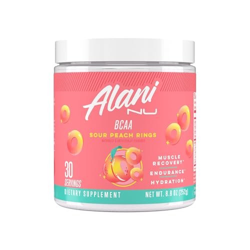 Alani Nu BCAA Sour Peach Ring – Verzweigtkettige essentielle Aminosäuren in 2:1:1 Formel | Pulver zur Muskelregeneration nach dem Training | 30 Portionen