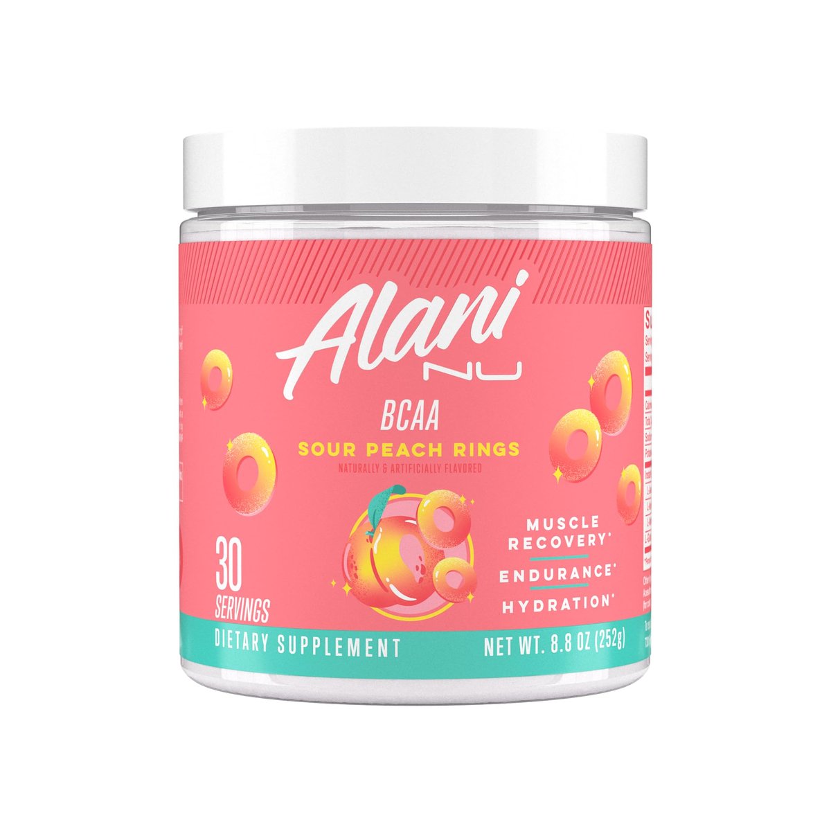 Alani Nu BCAA Sour Peach Ring – Verzweigtkettige essentielle Aminosäuren in 2:1:1 Formel | Pulver zur Muskelregeneration nach dem Training | 30 Portionen