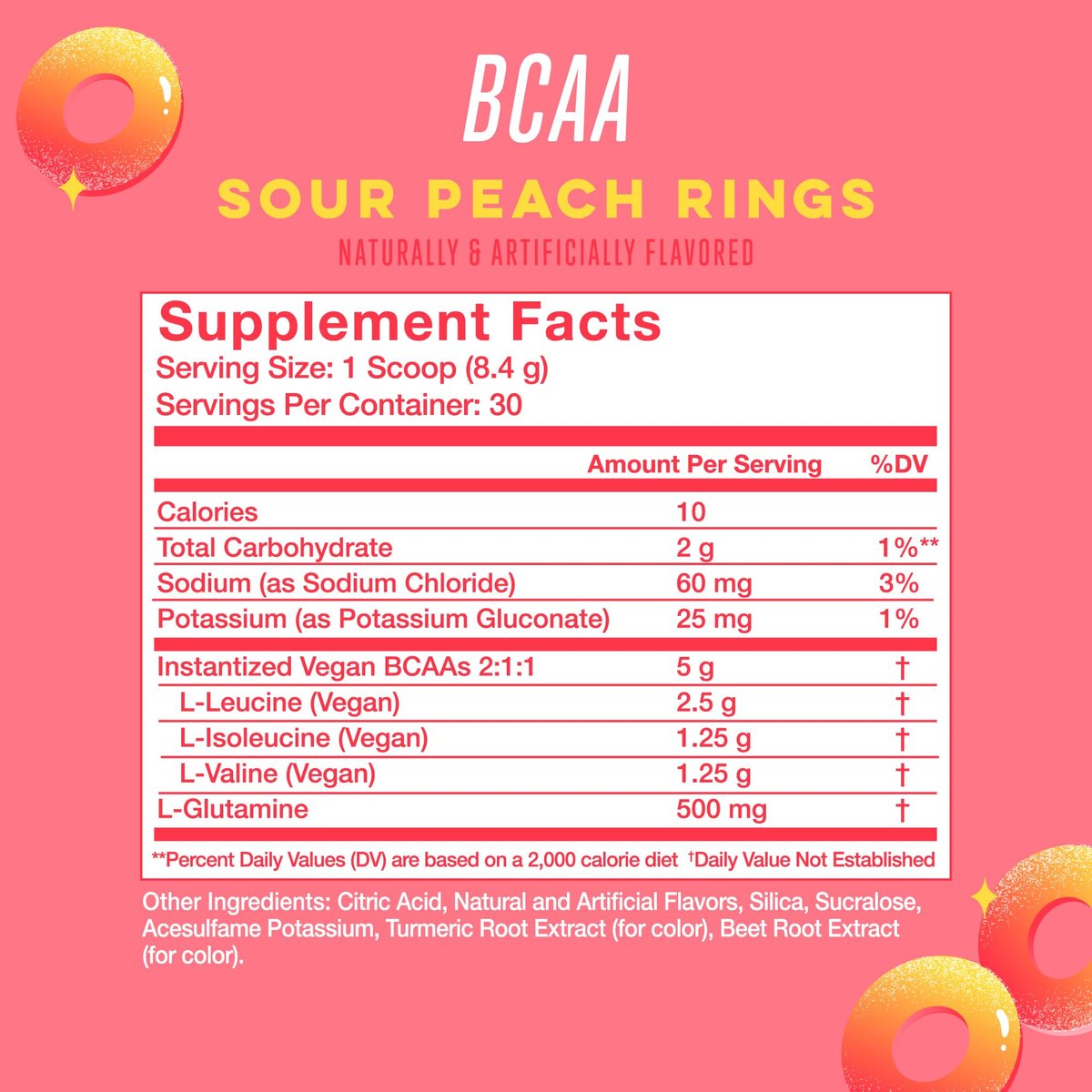 Alani Nu BCAA Sour Peach Ring – Verzweigtkettige essentielle Aminosäuren in 2:1:1 Formel | Pulver zur Muskelregeneration nach dem Training | 30 Portionen