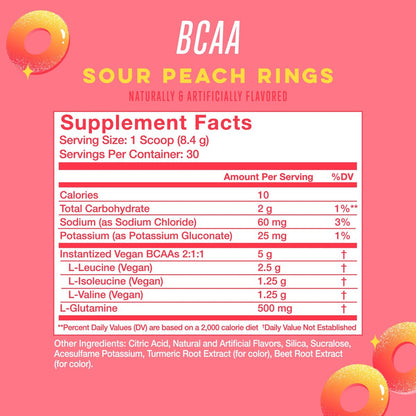 Alani Nu BCAA Sour Peach Ring – Verzweigtkettige essentielle Aminosäuren in 2:1:1 Formel | Pulver zur Muskelregeneration nach dem Training | 30 Portionen