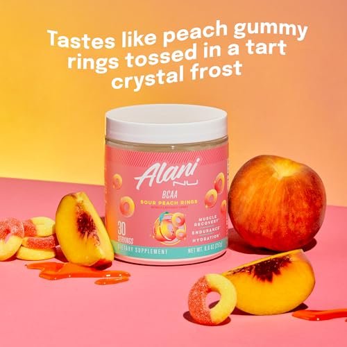 Alani Nu BCAA Sour Peach Ring – Verzweigtkettige essentielle Aminosäuren in 2:1:1 Formel | Pulver zur Muskelregeneration nach dem Training | 30 Portionen