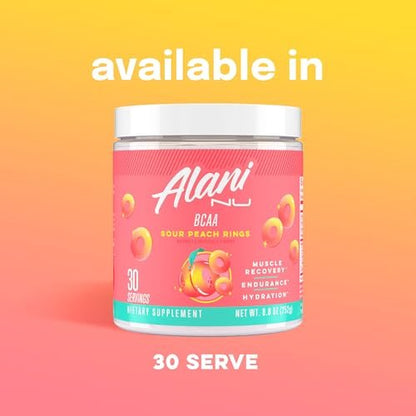Alani Nu BCAA Sour Peach Ring – Verzweigtkettige essentielle Aminosäuren in 2:1:1 Formel | Pulver zur Muskelregeneration nach dem Training | 30 Portionen