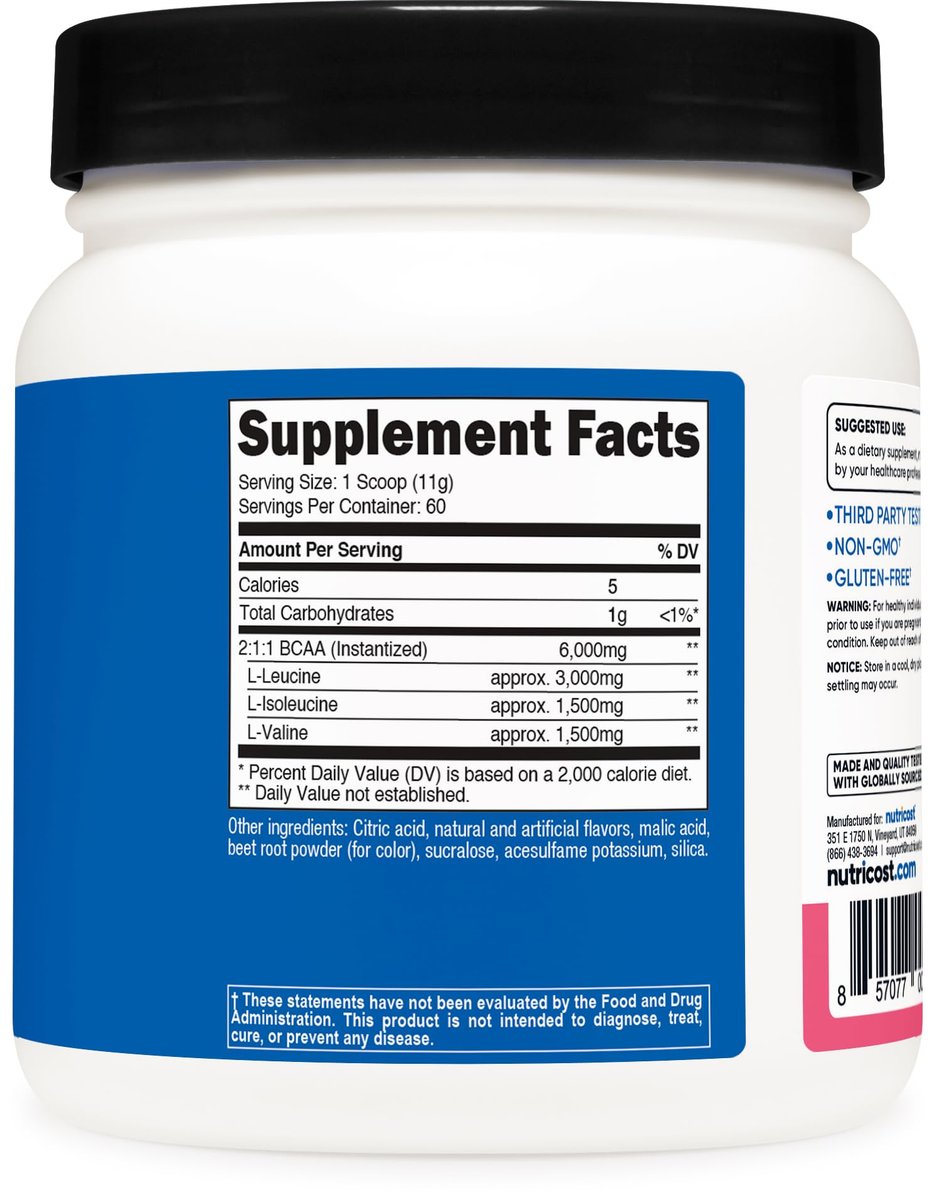 Nutricost BCAA Pulver (Himbeer-Limonade, 60 Portionen) - Optimales 2:1:1 Verhältnis