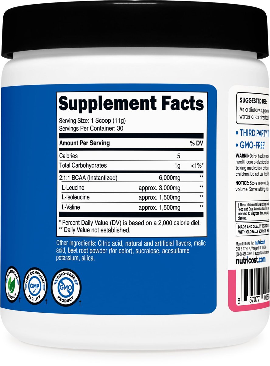 Nutricost BCAA Pulver 2:1:1 (Himbeer-Limonade, 30 Portionen) – Premium Aminosäuren für Muskelaufbau und Regeneration