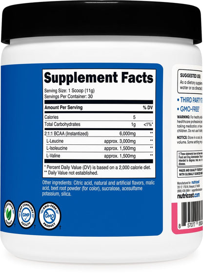 Nutricost BCAA Pulver 2:1:1 (Himbeer-Limonade, 30 Portionen) – Premium Aminosäuren für Muskelaufbau und Regeneration
