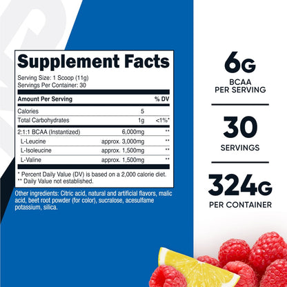 Nutricost BCAA Pulver 2:1:1 (Himbeer-Limonade, 30 Portionen) – Premium Aminosäuren für Muskelaufbau und Regeneration