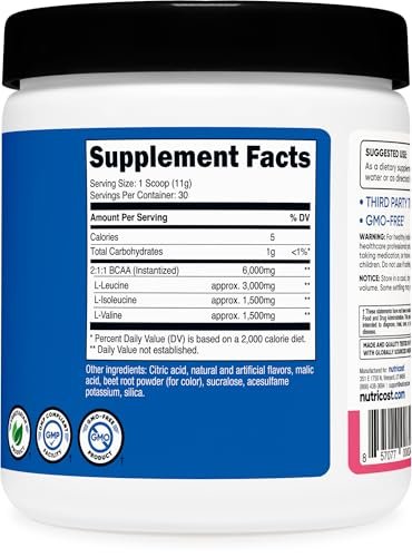 Nutricost BCAA Pulver 2:1:1 (Himbeer-Limonade, 30 Portionen) – Premium Aminosäuren für Muskelaufbau und Regeneration