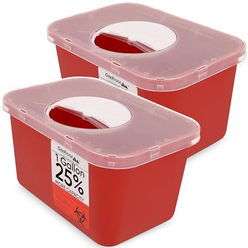 Oakridge Products Großer Behälter für scharfe Gegenstände für den Heimgebrauch und professionelle Nutzung 1 Gallone (2er-Pack), Biohazard-Nadel- und Spritzenentsorgung, Drehdeckel, CDC-zertifiziert
