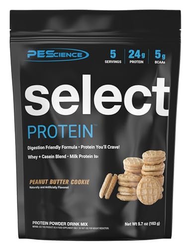 PEScience Select Protein Pulver – Whey & Casein Mix, fettarm, kohlenhydratarm, keto-freundlich, glutenfrei, Erdnussbutter-Keks – 5 Portionen