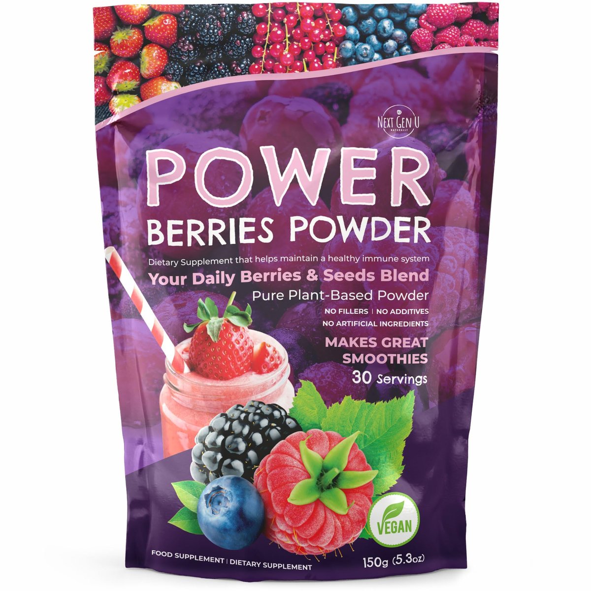Super Berry Pulver – 150g – Immununterstützung – Nahrungsergänzungsmittel – Superfood-Beeren – Smoothie-Mix für Shakes – Gesundheits-Boost für Entsaftungsgetränke oder jedes Getränk – von NextGenU