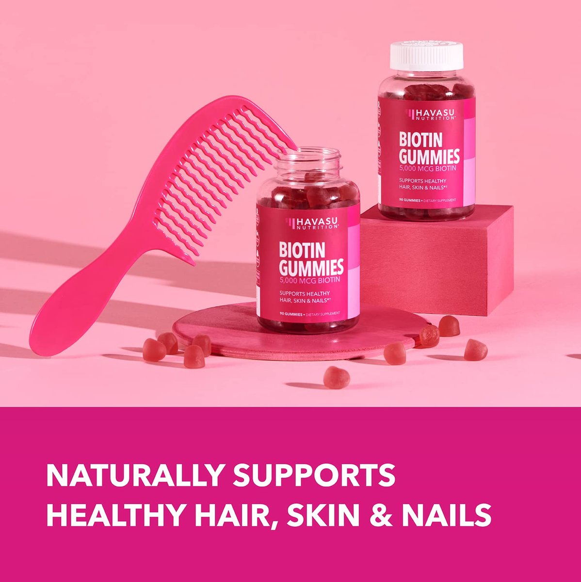 5000mcg Biotin Gummibärchen für Haare, Haut und Nägel - Veganes Nahrungsergänzungsmittel für Frauen und Männer - GLP-1 Ernährungsunterstützung für üppiges Haar und strahlende Haut - Vitamin B7 - Erdbeergeschmack, 90 Stück