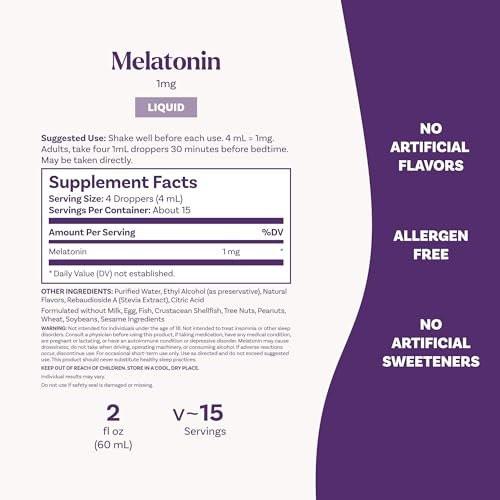 Natrol Flüssiges Melatonin 1 mg – Einschlafhilfe für Erwachsene, Berry-Geschmack, 2 Fl Oz (15 Portionen)