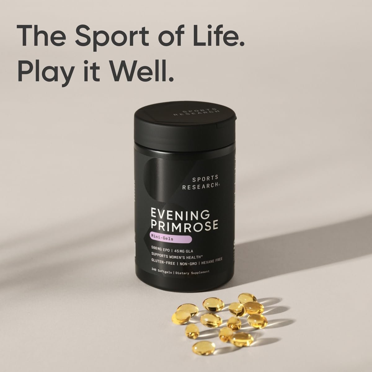 Sports Research Nachtkerzenöl (500 mg) kaltgepresst – ohne Füllstoffe oder künstliche Inhaltsstoffe, Non-GMO getestet – gluten- & sojafrei (240 flüssige Softgel-Kapseln)