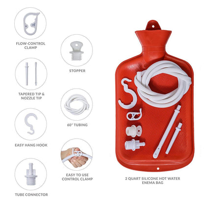 Gummi-Dusche / Einlaufbeutel, Heißwasserflaschen-Kombinationssystem für Männer und Frauen, wiederverwendbares Kolonik-Set für Kaffee- und Wasser-Manualdruck-Einlauf (Rot, 7-teilig)