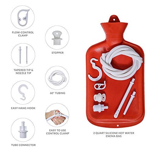 Gummi-Dusche / Einlaufbeutel, Heißwasserflaschen-Kombinationssystem für Männer und Frauen, wiederverwendbares Kolonik-Set für Kaffee- und Wasser-Manualdruck-Einlauf (Rot, 7-teilig)