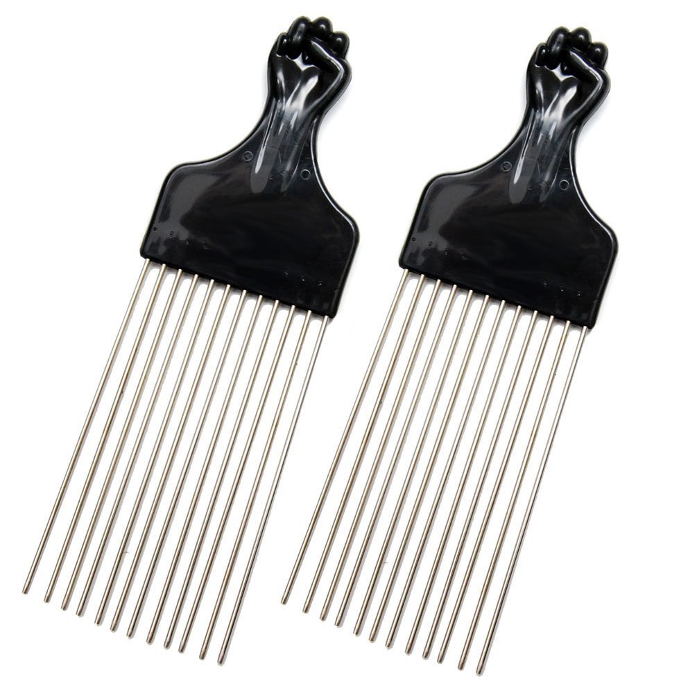 LUXXII (2er-Pack) 20 cm langer schwarzer Metall-Afro-Kamm mit Faustgriff – Haarkamm zum Entwirren, Perücken und Zöpfe Stylen