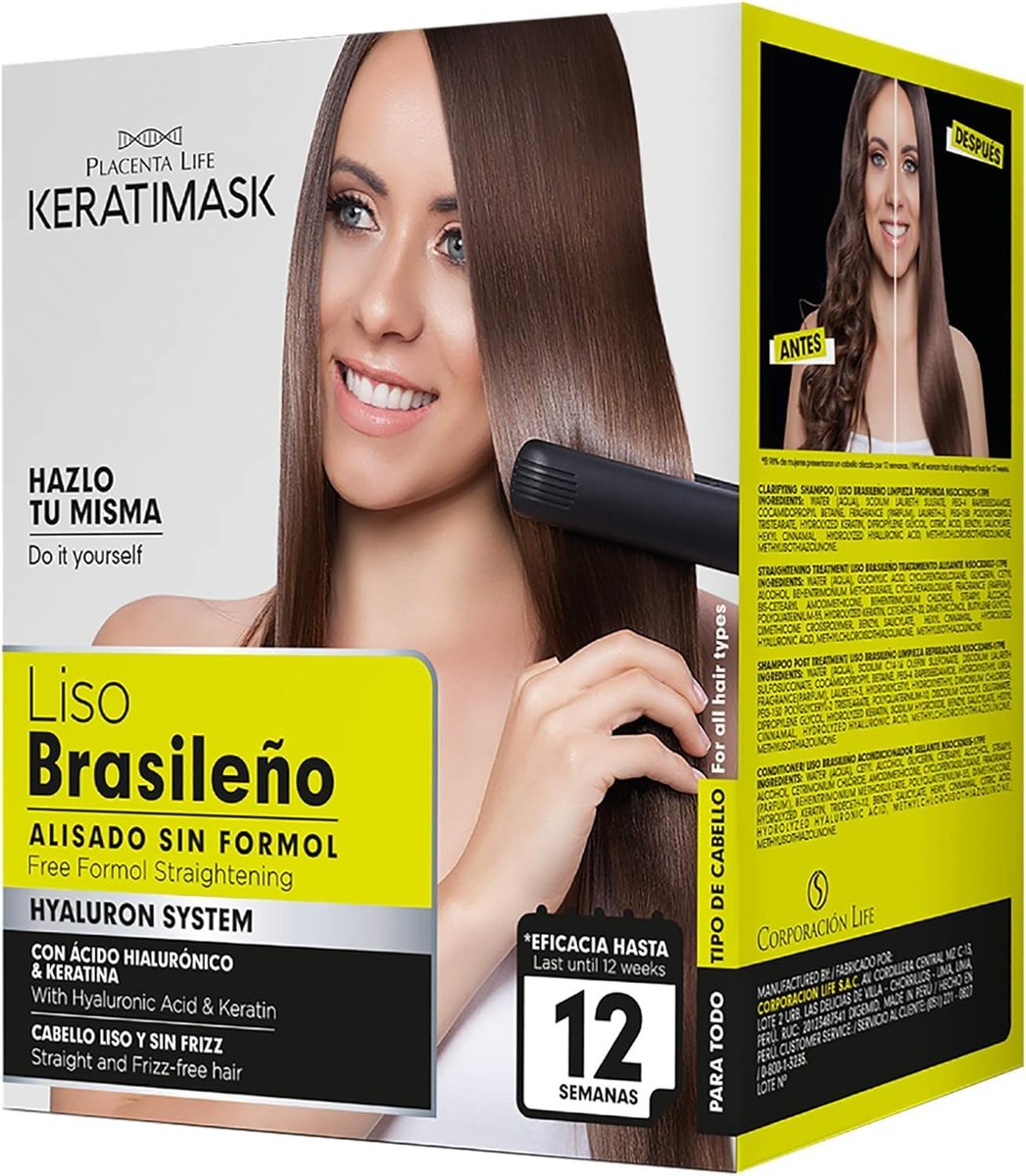 PLACENTA LIFE KERATIMASK Brasilianisches Glättungsset mit Keratin und Hyaluronsäure – Keratinbehandlung für glattes, glänzendes und seidiges Haar – Formaldehydfrei
