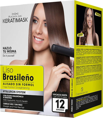 PLACENTA LIFE KERATIMASK Brasilianisches Glättungsset mit Keratin und Hyaluronsäure – Keratinbehandlung für glattes, glänzendes und seidiges Haar – Formaldehydfrei