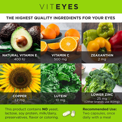 Viteyes AREDS 2 Augenvitamine – Klassische Makula-Unterstützung, Allergenfreie Kapseln mit natürlichem Vitamin E, Vitamin C, Zink, Kupfer, Lutein & Zeaxanthin – 60 Kapseln