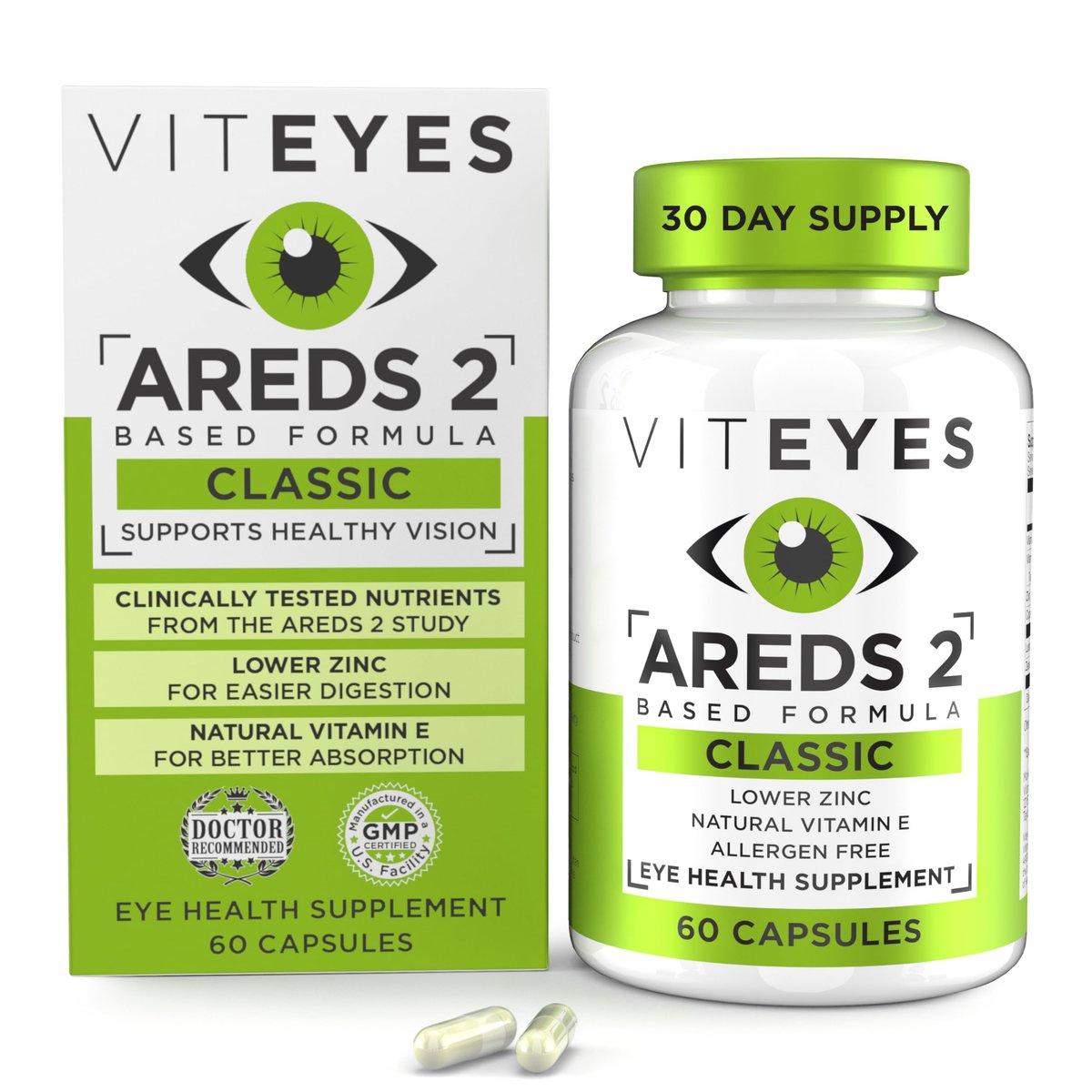 Viteyes AREDS 2 Augenvitamine – Klassische Makula-Unterstützung, Allergenfreie Kapseln mit natürlichem Vitamin E, Vitamin C, Zink, Kupfer, Lutein & Zeaxanthin – 60 Kapseln