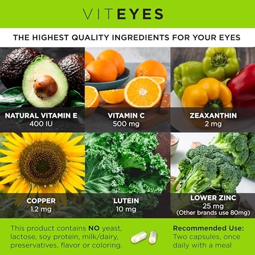 Viteyes AREDS 2 Augenvitamine – Klassische Makula-Unterstützung, Allergenfreie Kapseln mit natürlichem Vitamin E, Vitamin C, Zink, Kupfer, Lutein & Zeaxanthin – 60 Kapseln