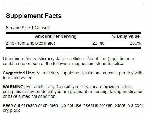 Swanson Zinkpicolinat Chelat-Mineralergänzung für Erwachsene zur Unterstützung von Immunsystem, Sehkraft und Prostata – Körperfreundliche Form – 22 mg (60 vegane Kapseln, 2er-Pack)