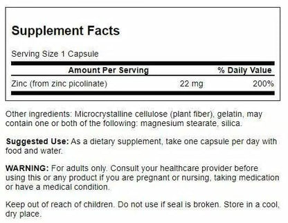Swanson Zinkpicolinat Chelat-Mineralergänzung für Erwachsene zur Unterstützung von Immunsystem, Sehkraft und Prostata – Körperfreundliche Form – 22 mg (60 vegane Kapseln, 2er-Pack)