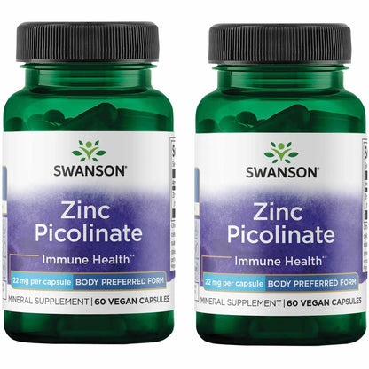 Swanson Zinkpicolinat Chelat-Mineralergänzung für Erwachsene zur Unterstützung von Immunsystem, Sehkraft und Prostata – Körperfreundliche Form – 22 mg (60 vegane Kapseln, 2er-Pack)