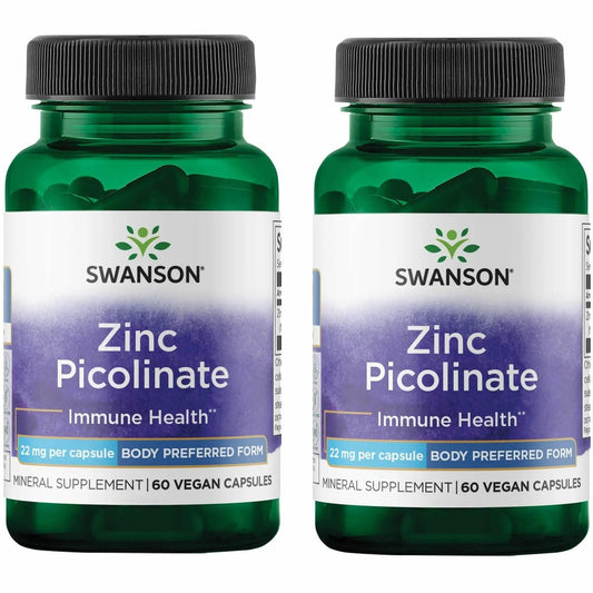 Swanson Zinkpicolinat Chelat-Mineralergänzung für Erwachsene zur Unterstützung von Immunsystem, Sehkraft und Prostata – Körperfreundliche Form – 22 mg (60 vegane Kapseln, 2er-Pack)