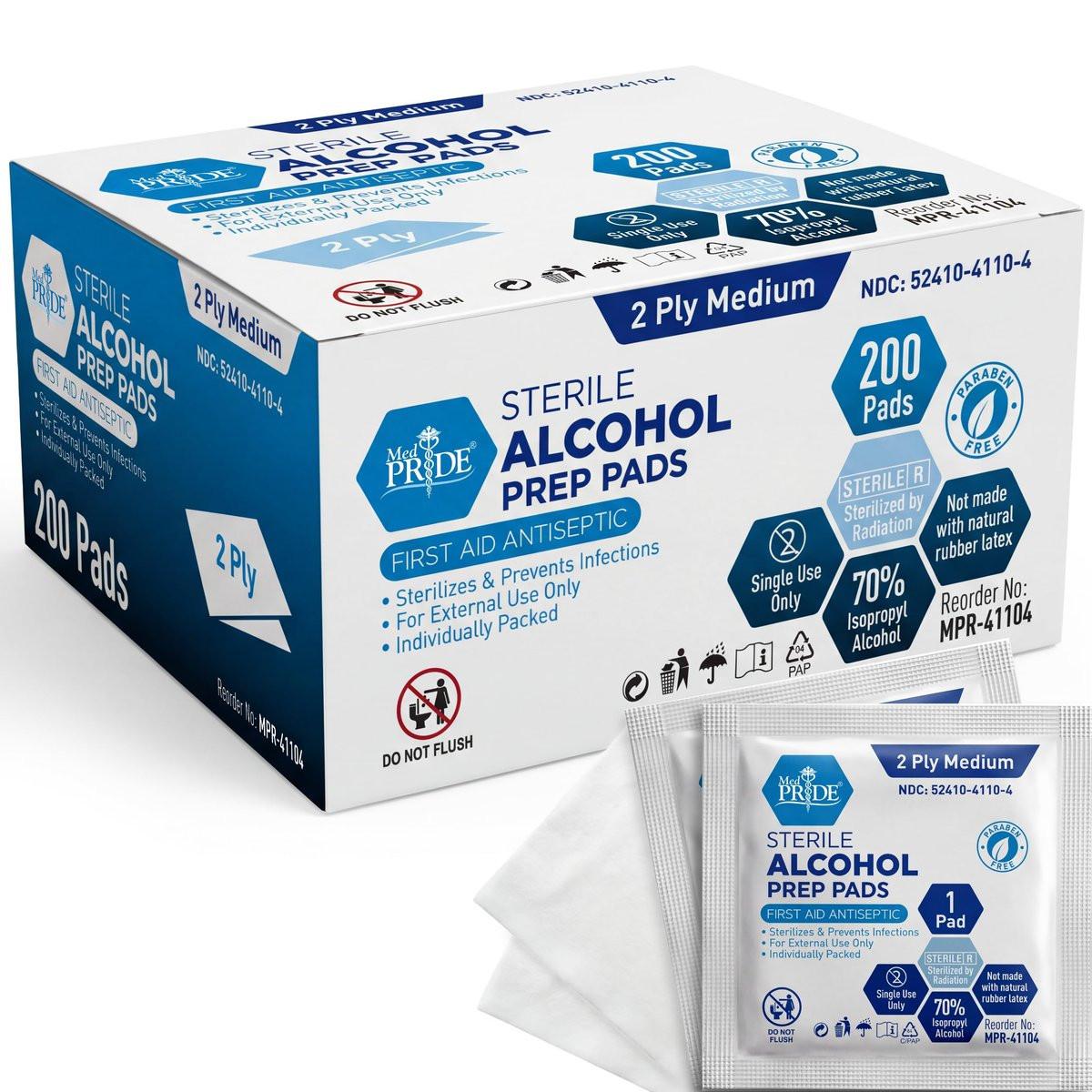 MED PRIDE Sterile Alkoholtupfer, 70% Isopropyl, einzeln verpackt, medizinische Qualität, 2-lagig, 200 Stück (Packung mit 1) Weiß