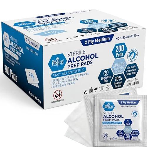 MED PRIDE Sterile Alkoholtupfer, 70% Isopropyl, einzeln verpackt, medizinische Qualität, 2-lagig, 200 Stück (Packung mit 1) Weiß