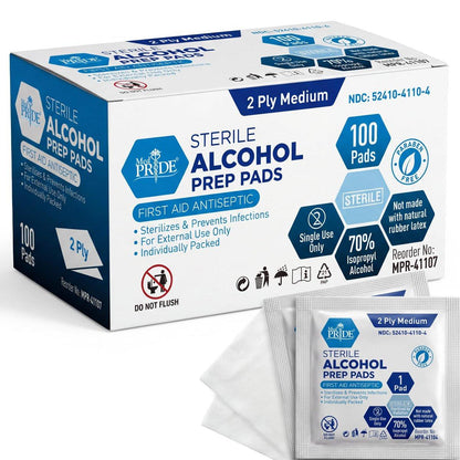 MED PRIDE Sterile Alkoholtupfer, antiseptisch, einzeln verpackt, medizinische Qualität, latexfrei, 2-lagig, 100 Stück