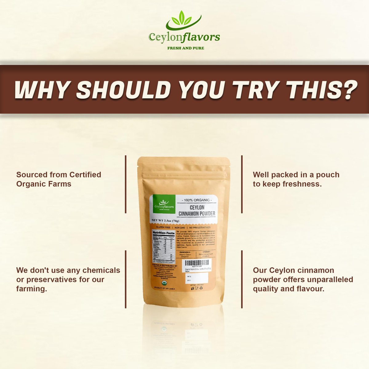 CEYLON FLAVORS Fresh and Pure Bio Ceylon Zimt Pulver Premium Qualität 70g