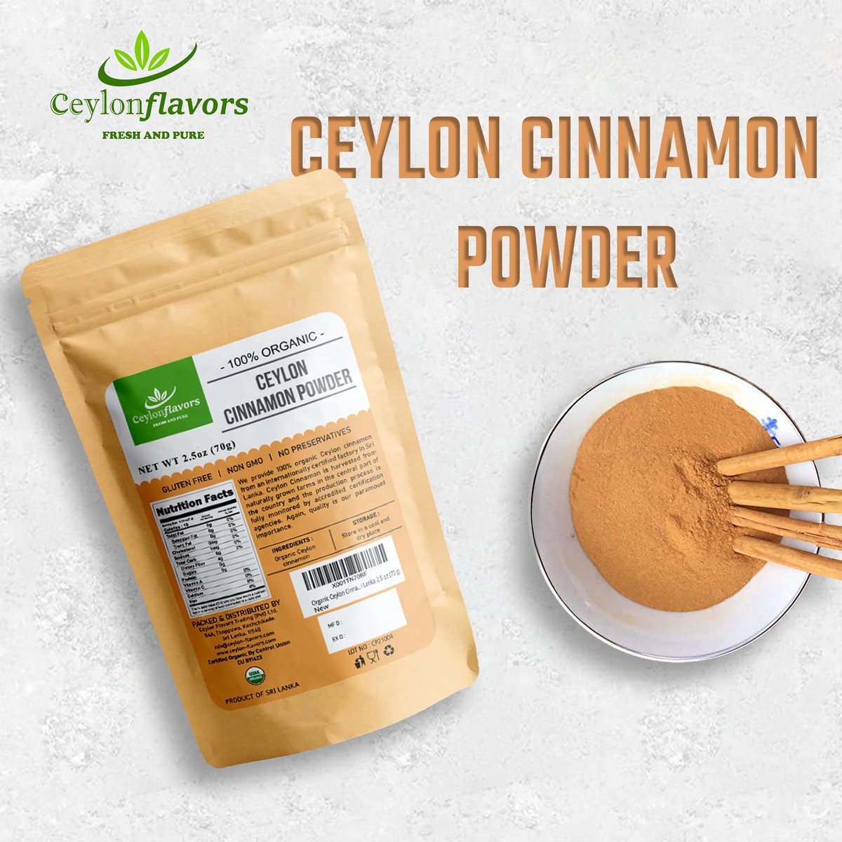 CEYLON FLAVORS Fresh and Pure Bio Ceylon Zimt Pulver Premium Qualität 70g