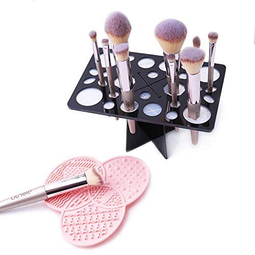 Diolan Makeup-Pinsel-Reinigungsmatte & Trockenständer – 28-Loch Pinselhalter, Silikon-Gummi Kleeblatt-Reinigungsmatte – Schwarz & Pink