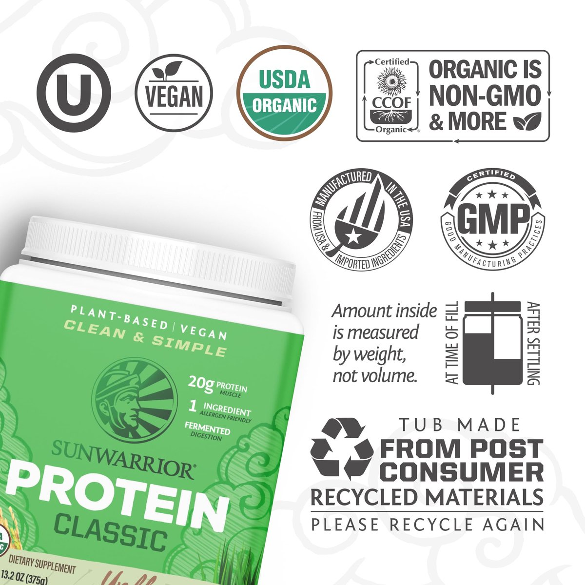 Sunwarrior Bio-Reisproteinpulver mit BCAA & Aminosäuren – Pflanzliches, glutenfreies, kohlenhydratarmes Proteinpulver, natürlicher Geschmack, 375 g
