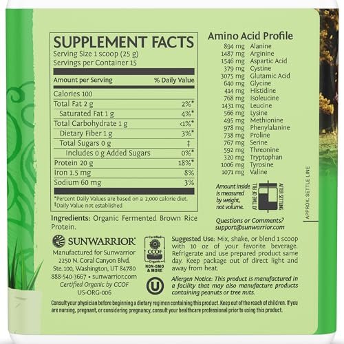 Sunwarrior Bio-Reisproteinpulver mit BCAA & Aminosäuren – Pflanzliches, glutenfreies, kohlenhydratarmes Proteinpulver, natürlicher Geschmack, 375 g