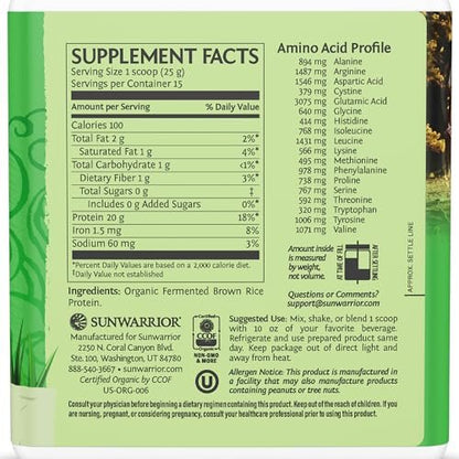 Sunwarrior Bio-Reisproteinpulver mit BCAA & Aminosäuren – Pflanzliches, glutenfreies, kohlenhydratarmes Proteinpulver, natürlicher Geschmack, 375 g