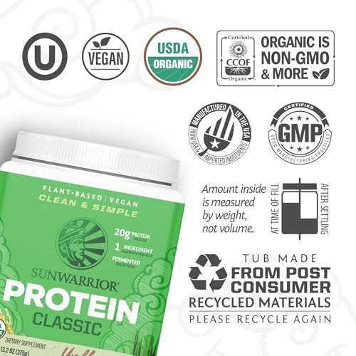 Sunwarrior Bio-Reisproteinpulver mit BCAA & Aminosäuren – Pflanzliches, glutenfreies, kohlenhydratarmes Proteinpulver, natürlicher Geschmack, 375 g