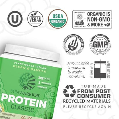 Sunwarrior Bio-Reisproteinpulver mit BCAA & Aminosäuren – Pflanzliches, glutenfreies, kohlenhydratarmes Proteinpulver, natürlicher Geschmack, 375 g
