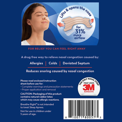 Breathe Right Nasal Strips, Extra Stark, beige Nasenpflaster, 44 Stück, medikamentenfreie Nasenatmungshilfe gegen Schnarchen, verstopfte Nase durch Erkältungen, Allergien und Nasenscheidewandverkrümmung