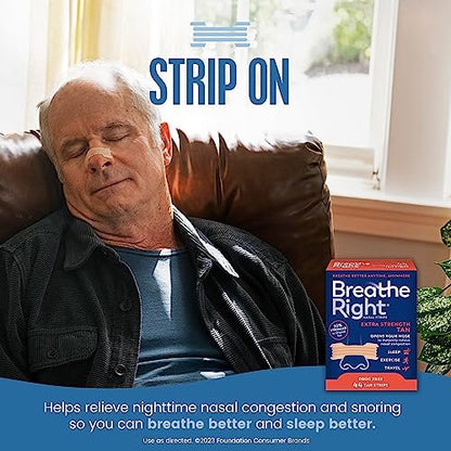 Breathe Right Nasal Strips, Extra Stark, beige Nasenpflaster, 44 Stück, medikamentenfreie Nasenatmungshilfe gegen Schnarchen, verstopfte Nase durch Erkältungen, Allergien und Nasenscheidewandverkrümmung