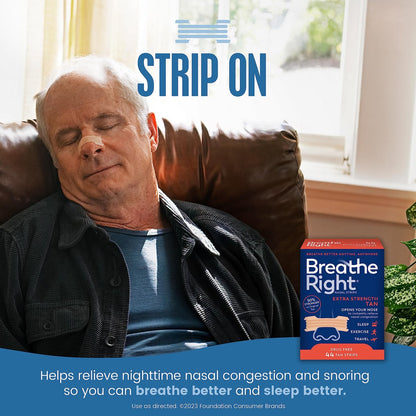 Breathe Right Nasal Strips, Extra Stark, beige Nasenpflaster, 44 Stück, medikamentenfreie Nasenatmungshilfe gegen Schnarchen, verstopfte Nase durch Erkältungen, Allergien und Nasenscheidewandverkrümmung