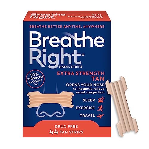 Breathe Right Nasal Strips, Extra Stark, beige Nasenpflaster, 44 Stück, medikamentenfreie Nasenatmungshilfe gegen Schnarchen, verstopfte Nase durch Erkältungen, Allergien und Nasenscheidewandverkrümmung