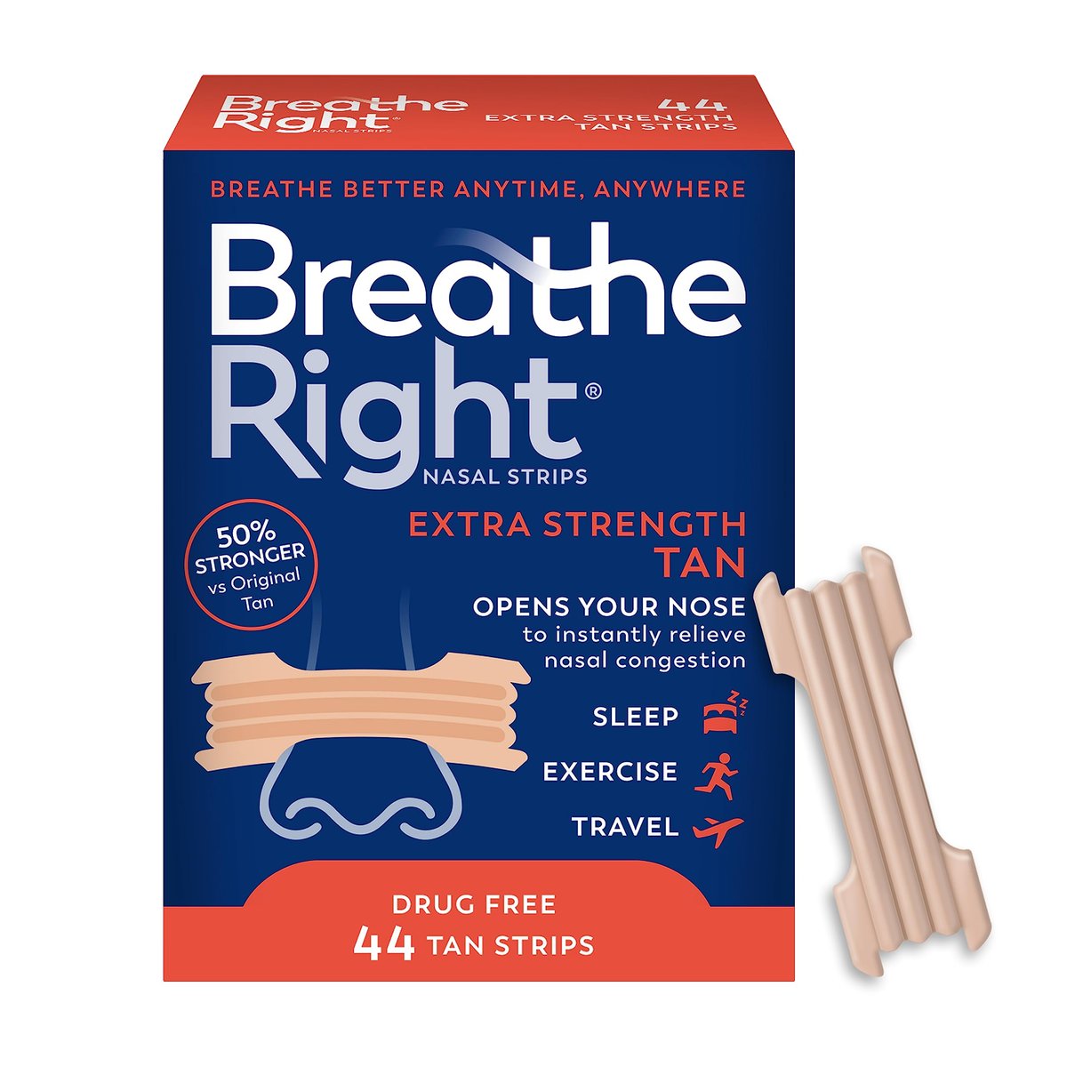 Breathe Right Nasal Strips, Extra Stark, beige Nasenpflaster, 44 Stück, medikamentenfreie Nasenatmungshilfe gegen Schnarchen, verstopfte Nase durch Erkältungen, Allergien und Nasenscheidewandverkrümmung