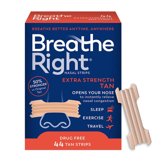 Breathe Right Nasal Strips, Extra Stark, beige Nasenpflaster, 44 Stück, medikamentenfreie Nasenatmungshilfe gegen Schnarchen, verstopfte Nase durch Erkältungen, Allergien und Nasenscheidewandverkrümmung