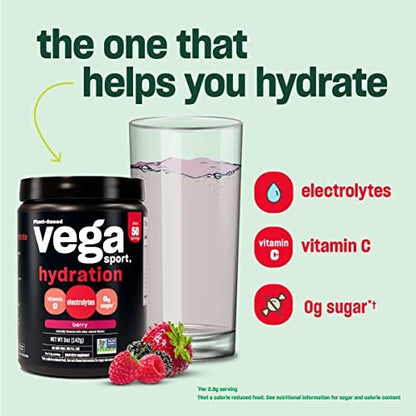 Vega Sport Hydration Electrolyte Pulver, Beere – Erholungsgetränk nach dem Training für Frauen und Männer, mit Vitamin C, vegan, keto, zuckerfrei, laktosefrei, glutenfrei, nicht genetisch verändert, 142 g