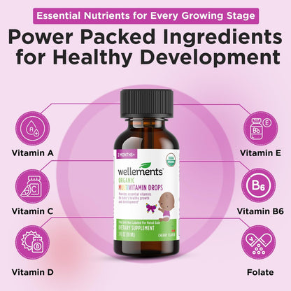 Wellements Bio Baby Multivitamin-Tropfen (1 Fl Oz) – Kirschgeschmack, flüssige Multivitamine für Säuglinge & Kleinkinder (ab 2 Monaten) – Für Immunsystem, gesundes Wachstum & Knochenentwicklung